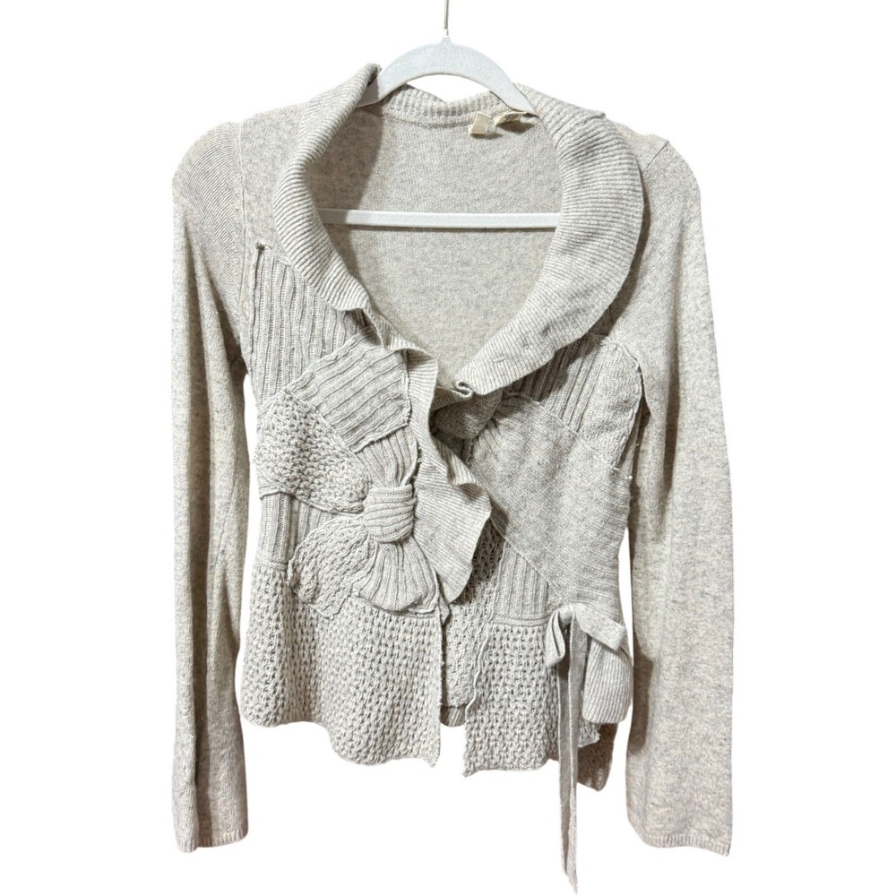 FLAWED** Moth Anthropologie Gray Mixed Knit Bow Cardigan Wool Angora Cashmere XS